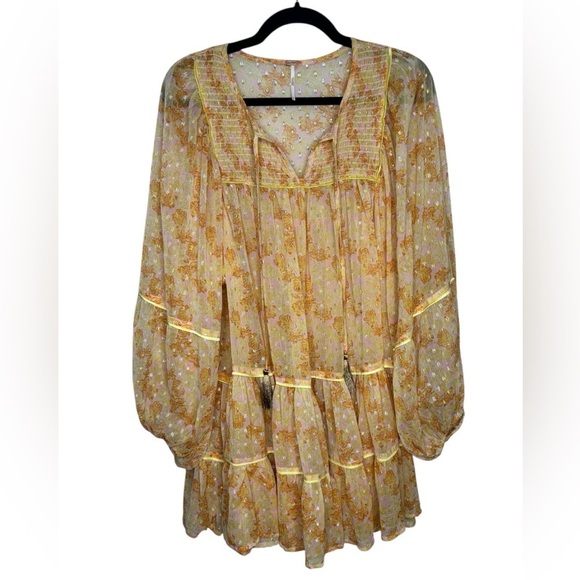 Free People Dresses & Skirts - Free People Sheer Flowy Yellow Paste Ruffle Tiered Mini Dress Small *no slip